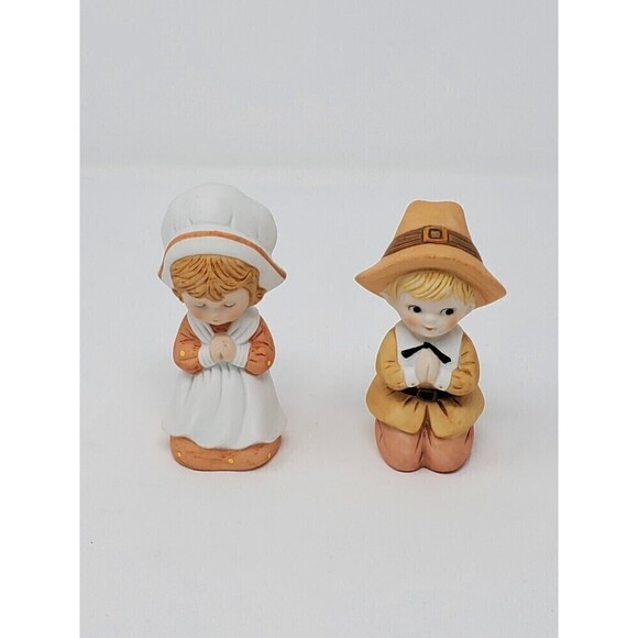 VINTAGE LEFTON THANKSGIVING PILGRIM PRAYING MAN & WOMAN FIGURINES - Picture 1 of 12